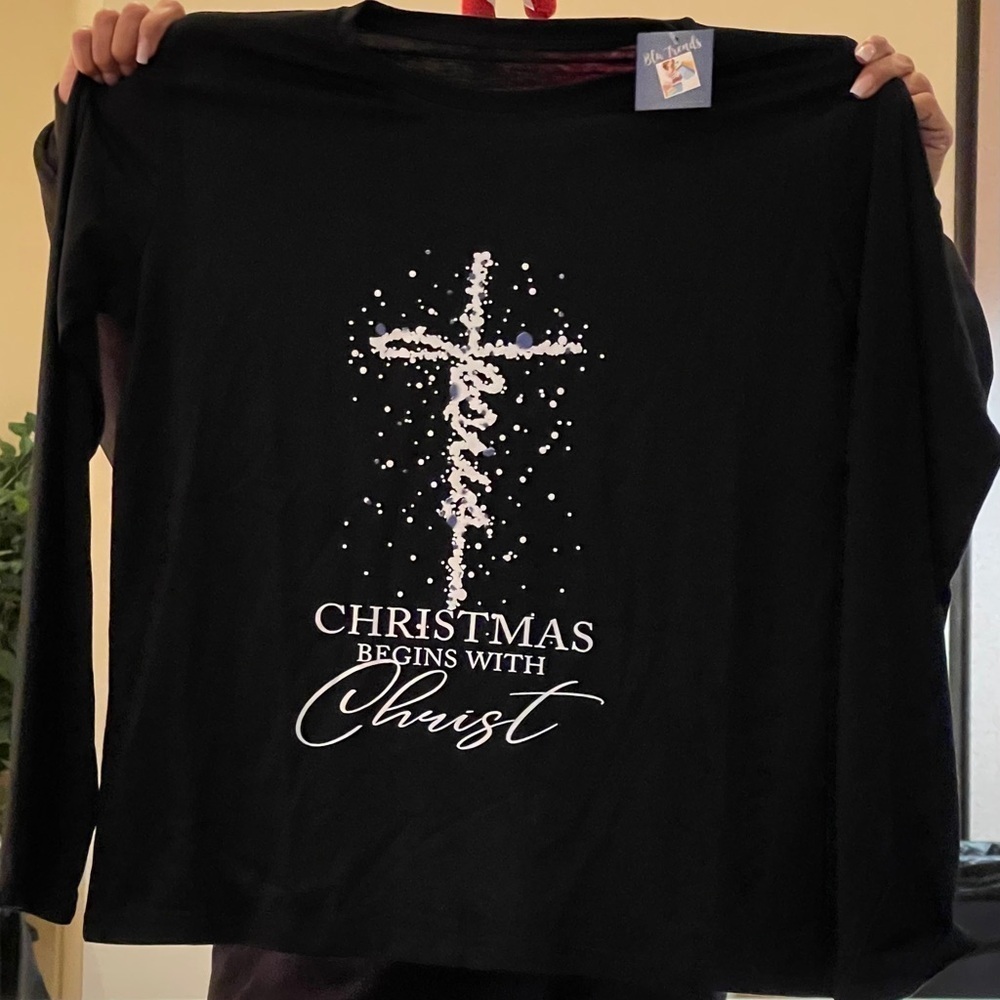 Red or Black Long Sleeve T-“Christmas Begins w/Christ” - Picture 3 of 4
